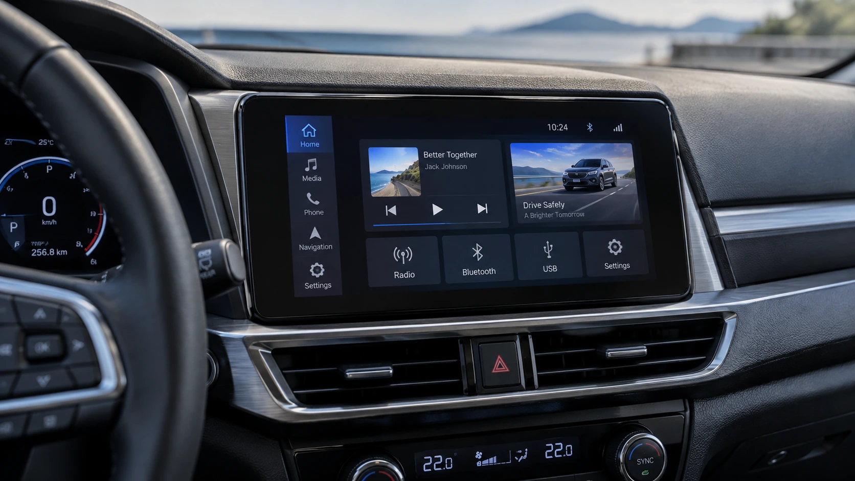 Illustrative automotive dashboard with a center infotainment display