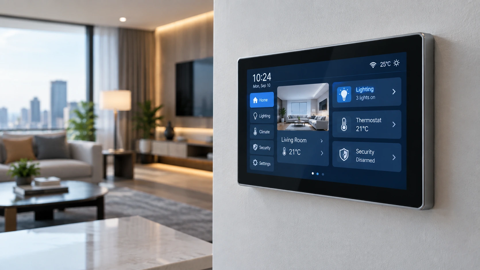Illustrative smart-home wall display in a living space