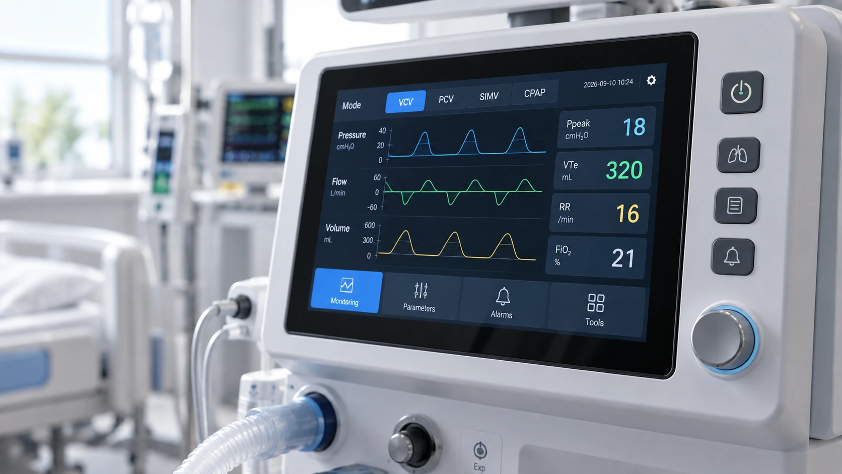 Illustrative medical monitoring display on clinical equipment