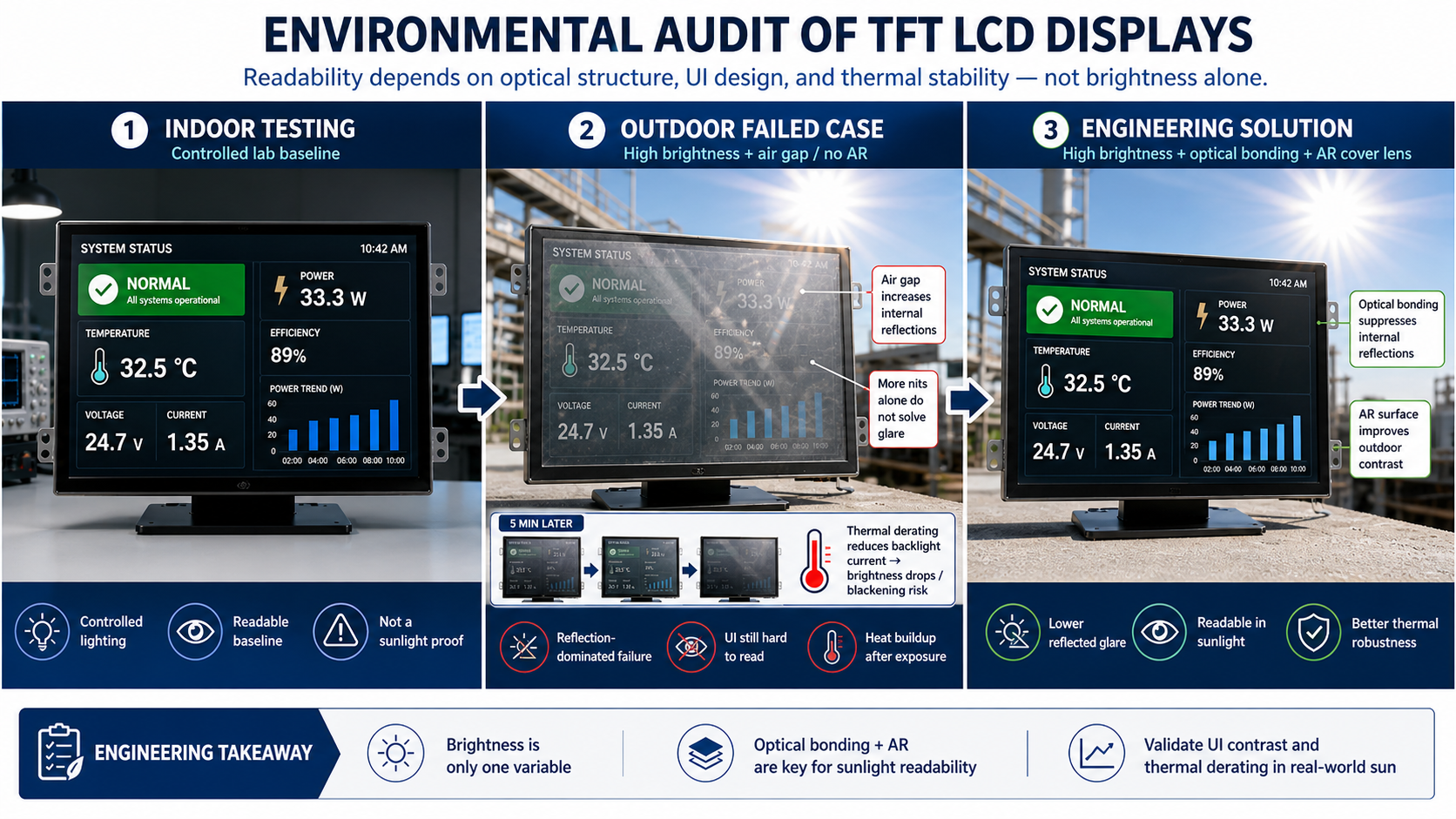 Custom LCD environmental audit mapping ambient lux and thermal stressors
