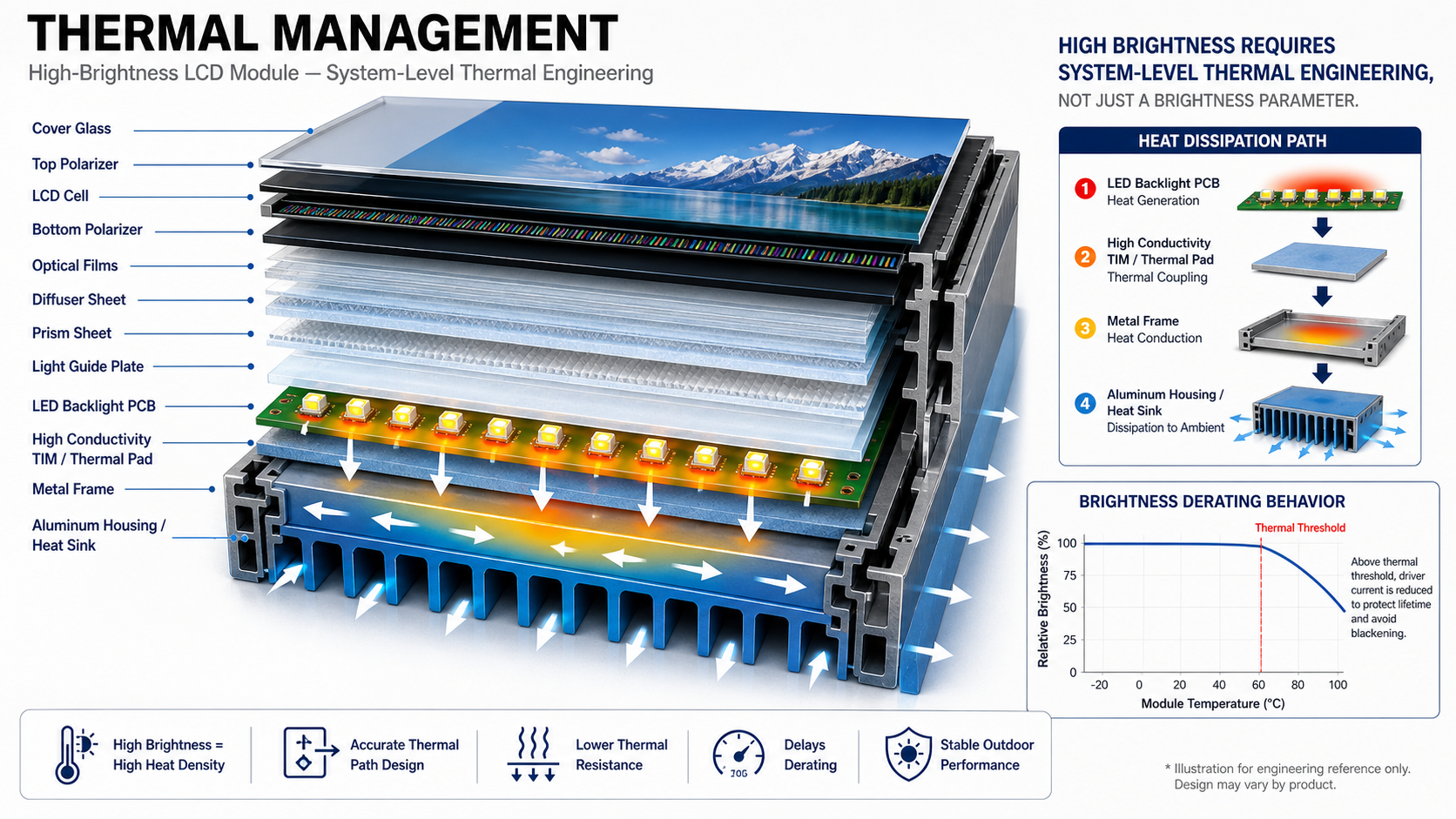Thermal management and brightness derating behavior for high-brightness custom LCD modules