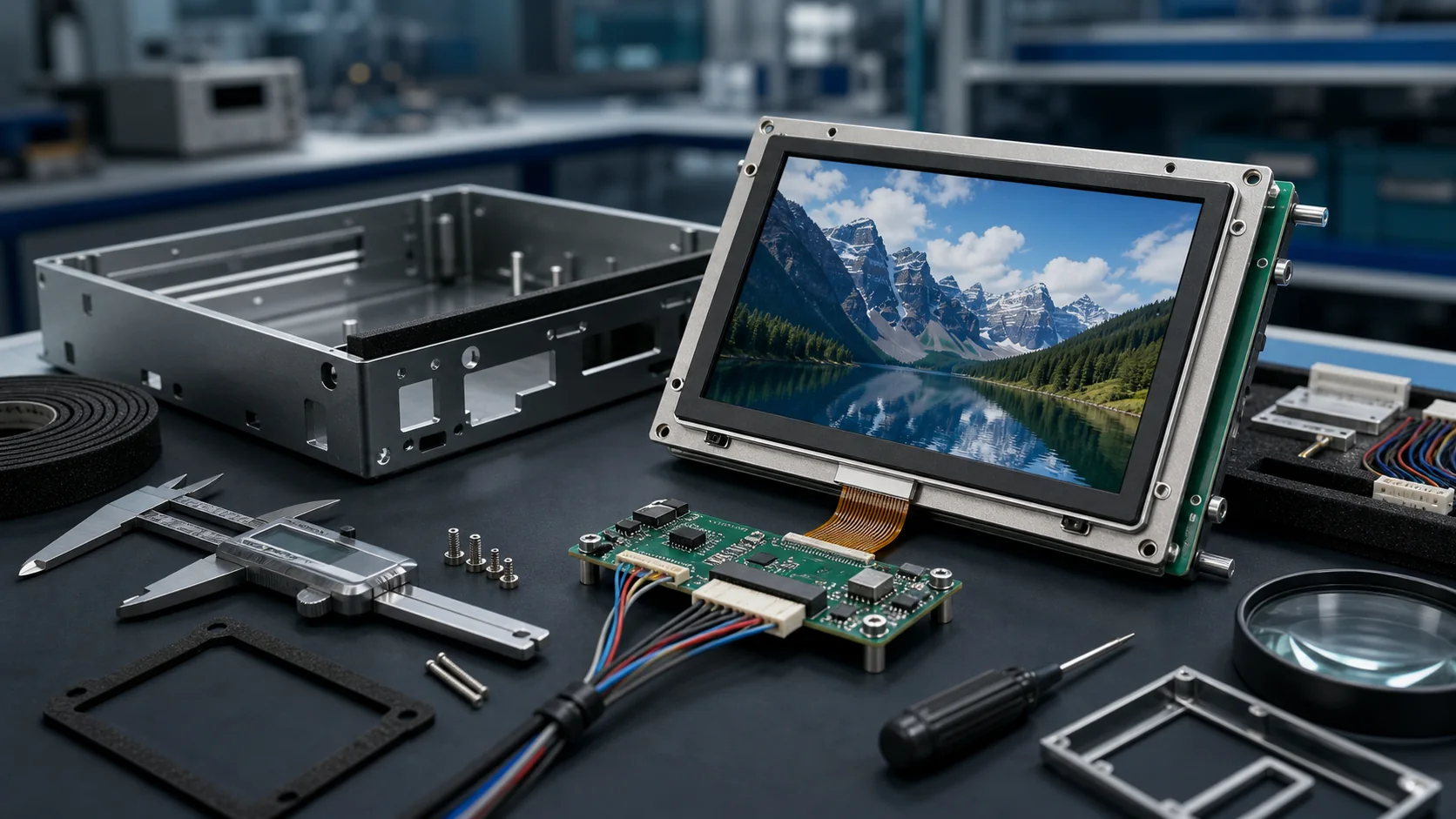 Industrial TFT LCD display module integration with controller board, enclosure frame and cables
