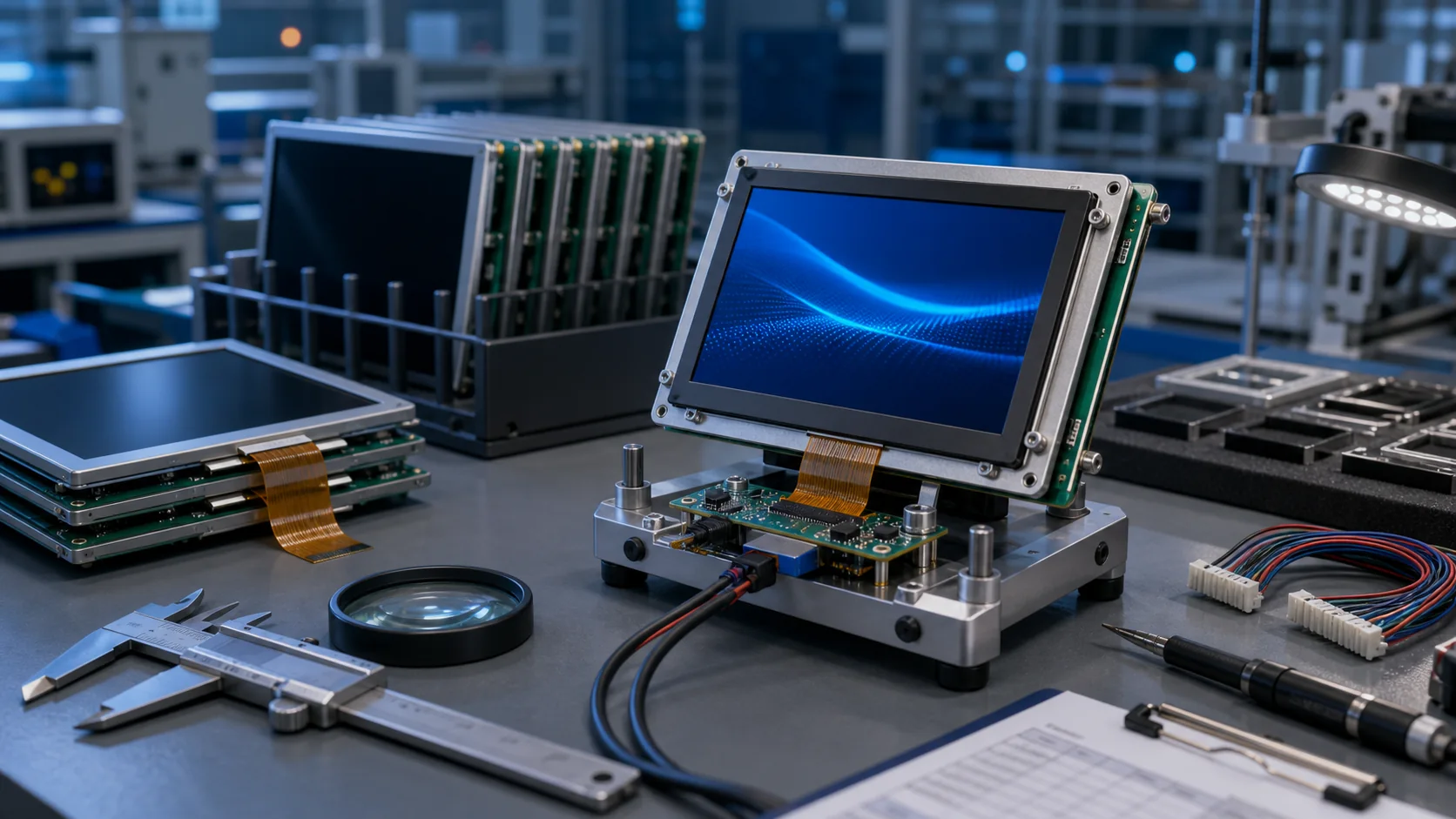 Industrial TFT LCD modules on production QA bench for lifecycle and engineering review