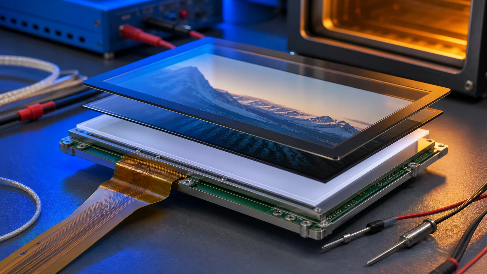 Wide temperature TFT LCD module stack with FPC, backlight and thermal test probes