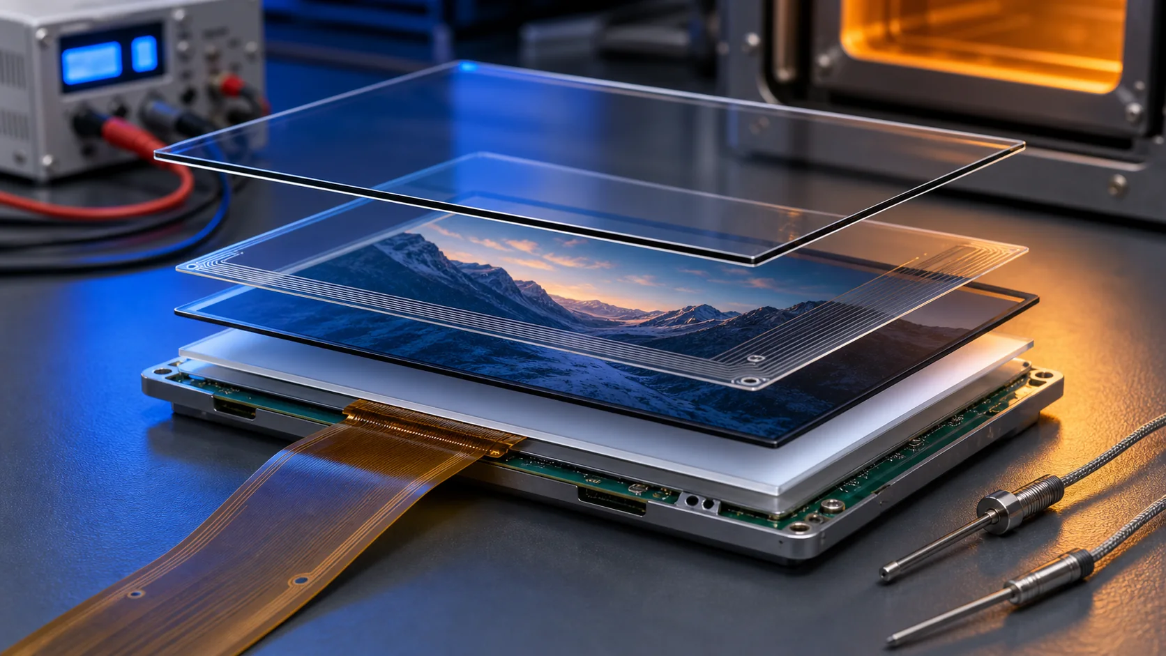 Touch panel cover glass and optical bonding stack for rugged wide temperature TFT LCD modules