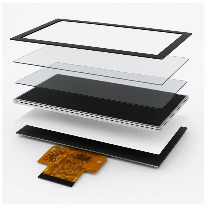 Simplified exploded stack of a 7-inch TFT LCD module without text labels