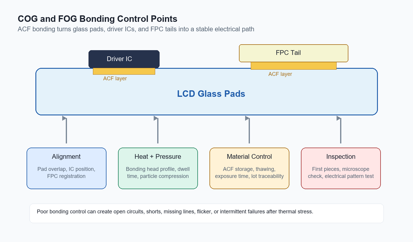 TFT LCD Module Manufacturing Process Guide COG and FOG bonding control points for TFT LCD module assembly