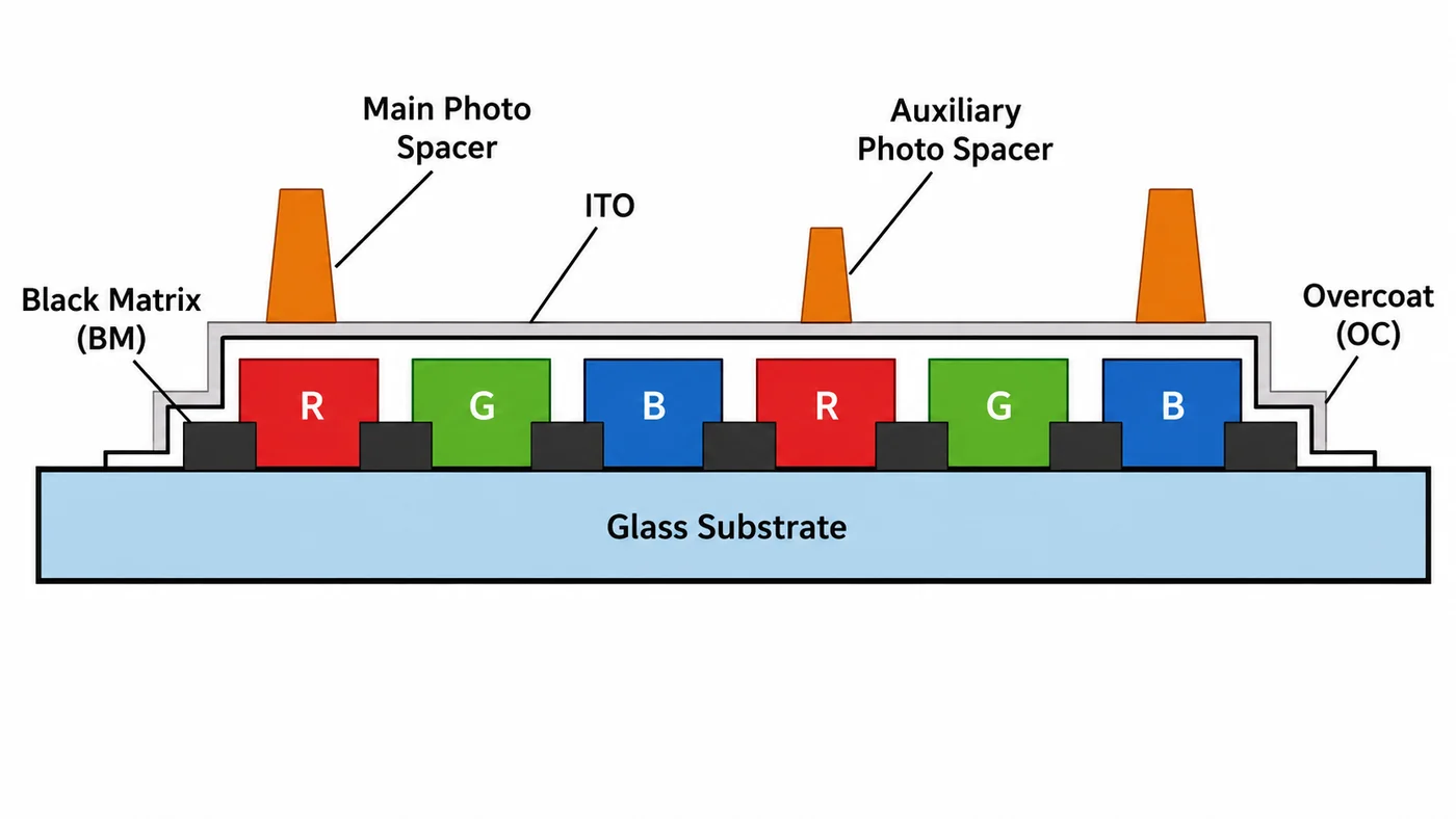 TFT LCD Red/Blue Mura: Root Cause and Prevention Color filter structure showing black matrix main photo spacer and auxiliary photo spacer