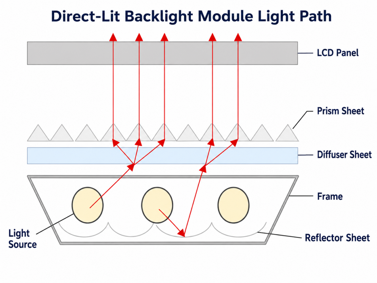 LCD Backlight Module Guide: Structure, Edge-Lit vs Direct-Lit Direct-lit LCD backlight light path with LEDs placed behind the diffuser and LCD panel