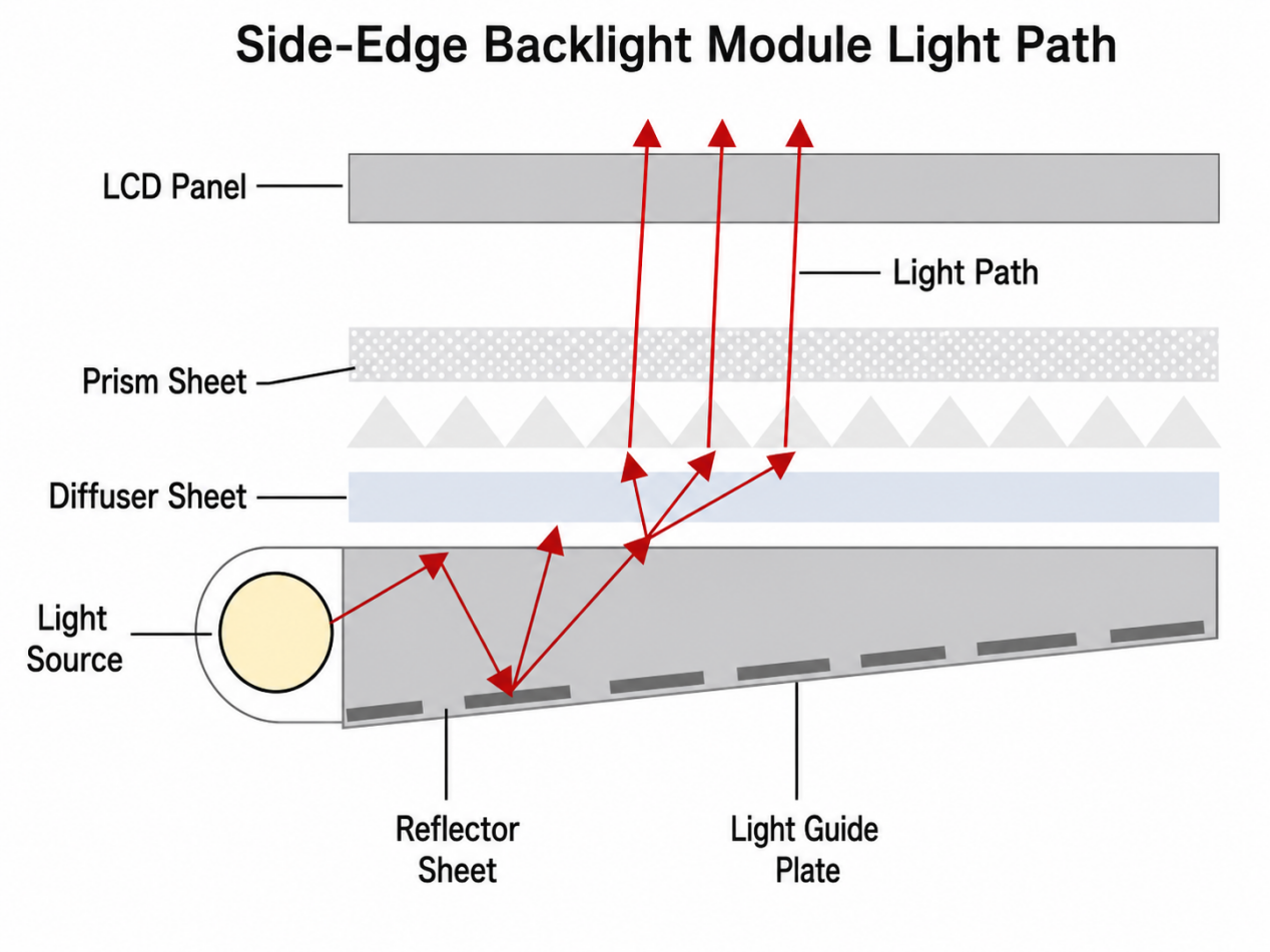 LCD Backlight Module Guide: Structure, Edge-Lit vs Direct-Lit Edge-lit LCD backlight light path from LED light source through light guide plate, diffuser and prism film