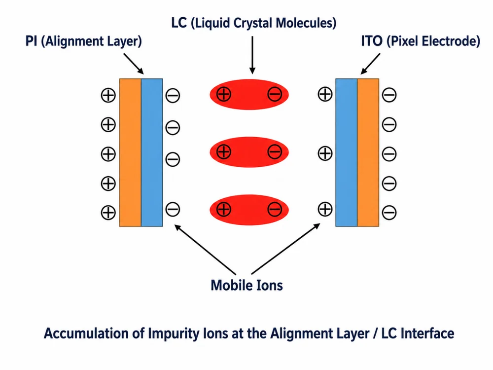 Ionic impurities accumulating near the PI alignment layer and ITO electrodes inside an LCD cell