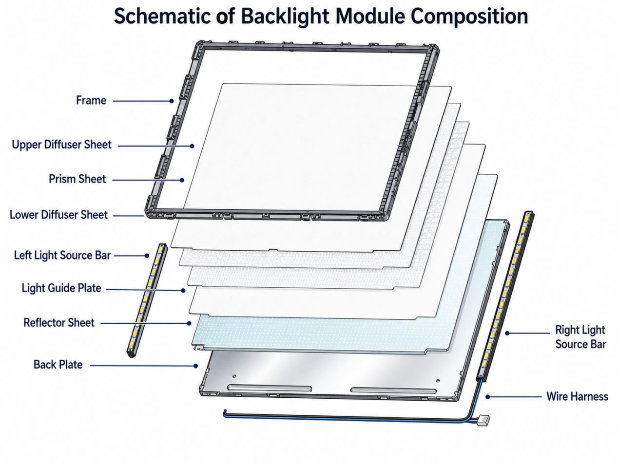 LCD Backlight Module Guide: Structure, Edge-Lit vs Direct-Lit Exploded structure of an LCD backlight module with frame, diffuser sheets, prism sheet, light guide plate, reflector sheet and LED light bars