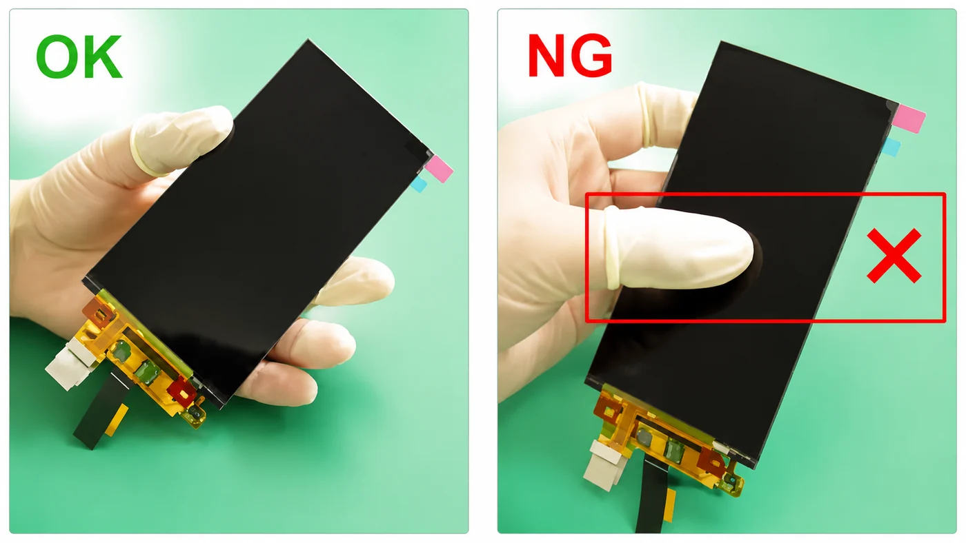 TFT LCD Red/Blue Mura: Root Cause and Prevention Correct and incorrect LCD module handling positions