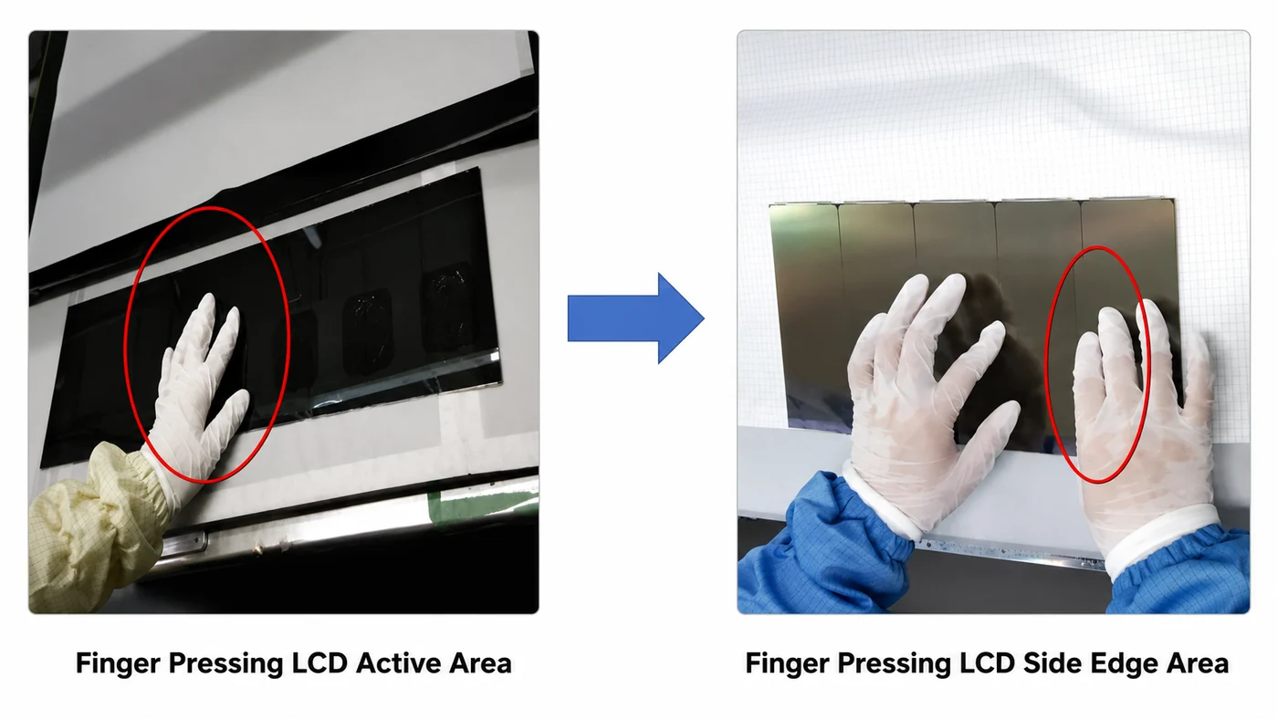TFT LCD Red/Blue Mura: Root Cause and Prevention LCD splitting process showing active area pressure risk and edge pressing method