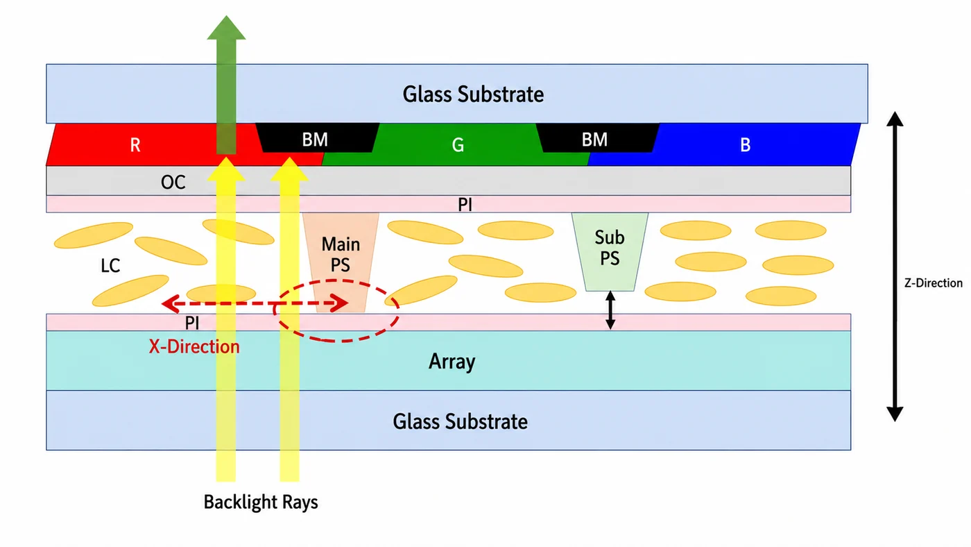 TFT LCD Red/Blue Mura: Root Cause and Prevention Single-color mura mechanism caused by main spacer movement and PI alignment layer scratch