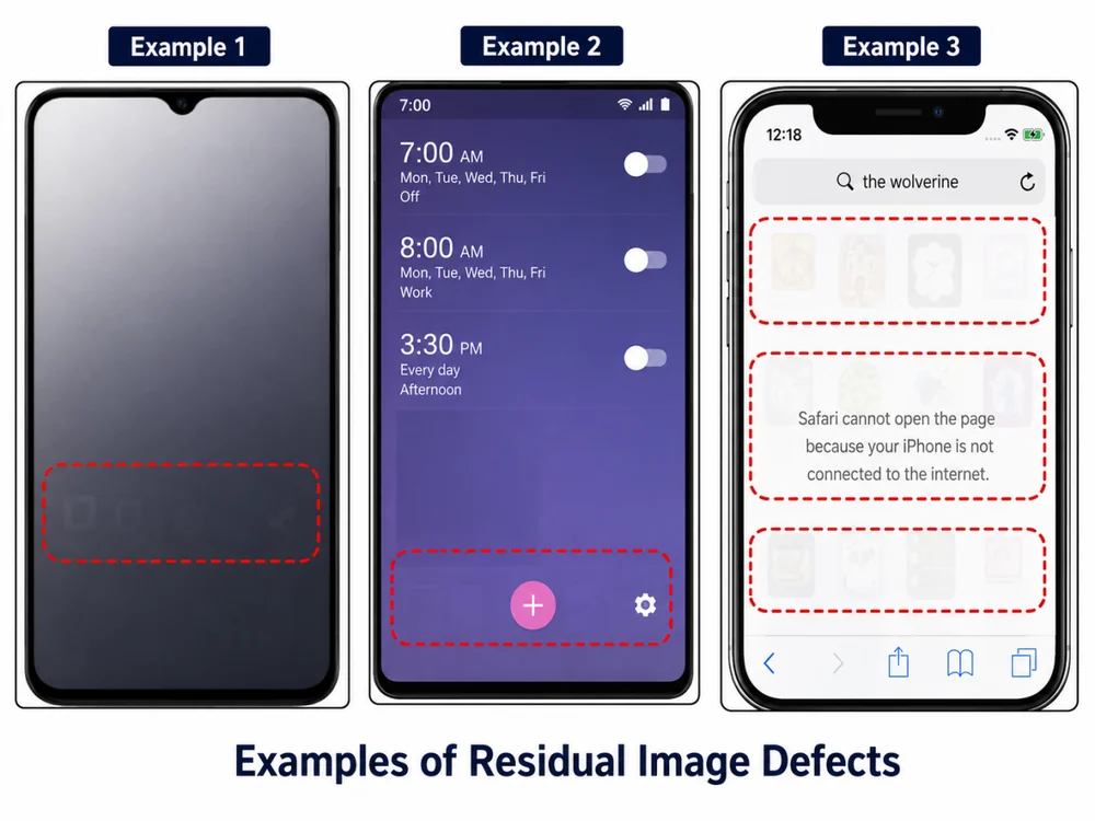 Examples of TFT LCD image retention defects after static screen exposure