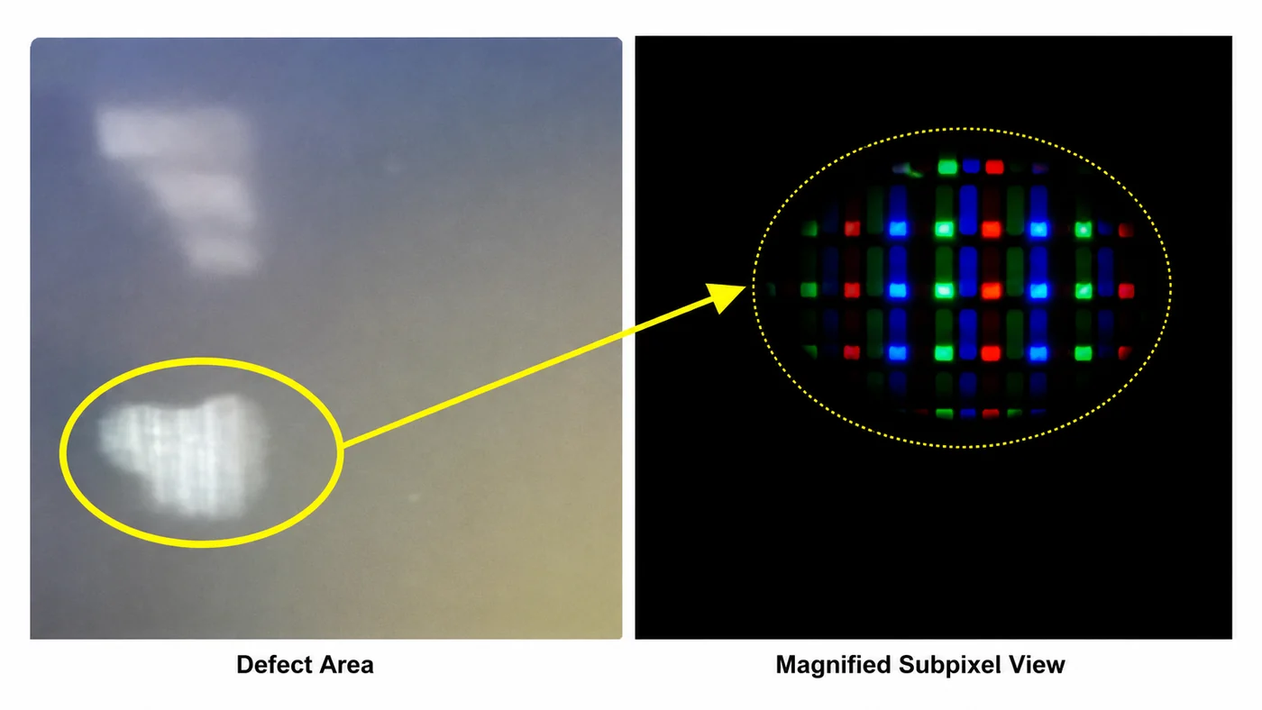 TFT LCD Red/Blue Mura: Root Cause and Prevention TFT LCD red blue mura defect area with magnified subpixel view