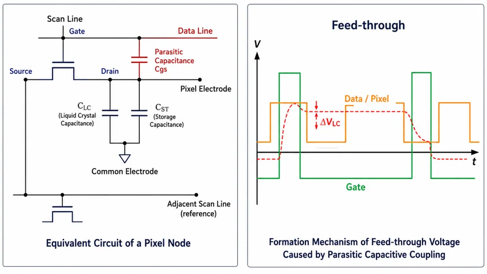 TFT pixel equivalent circuit and feed-through voltage caused by parasitic capacitance coupling