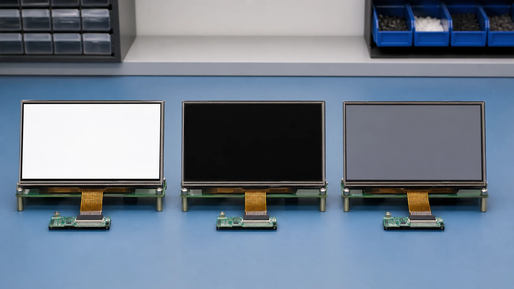 Comparison of white, black and gray TFT screen states on evaluation boards