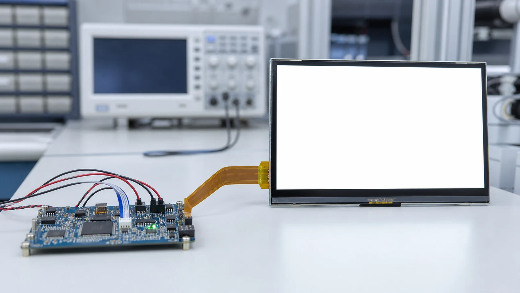 TFT LCD module showing a uniform white screen during bench diagnostics