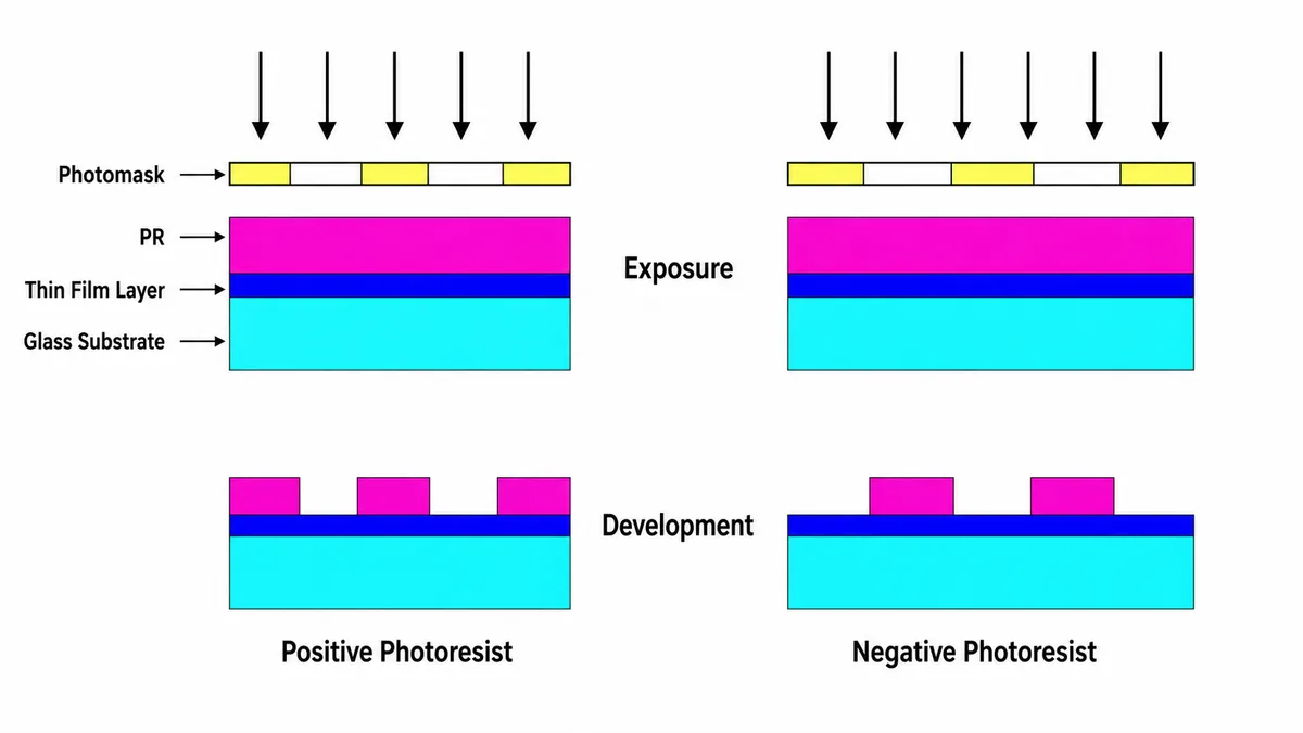 TFT LCD Photolithography Process and Etching Steps Positive and negative photoresist pattern comparison for TFT LCD photolithography