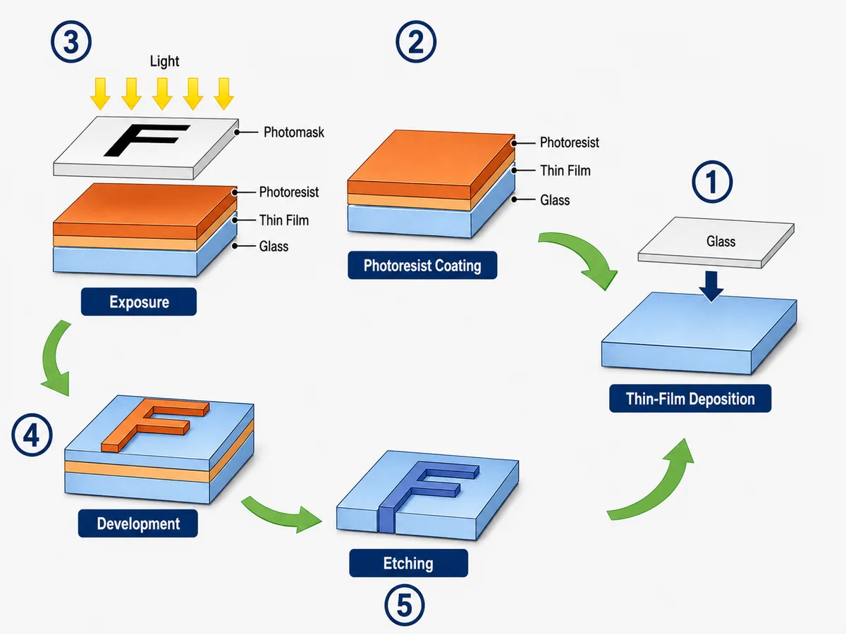 TFT LCD Photolithography Process and Etching Steps Five-step TFT LCD array photolithography flow from film deposition through photoresist stripping