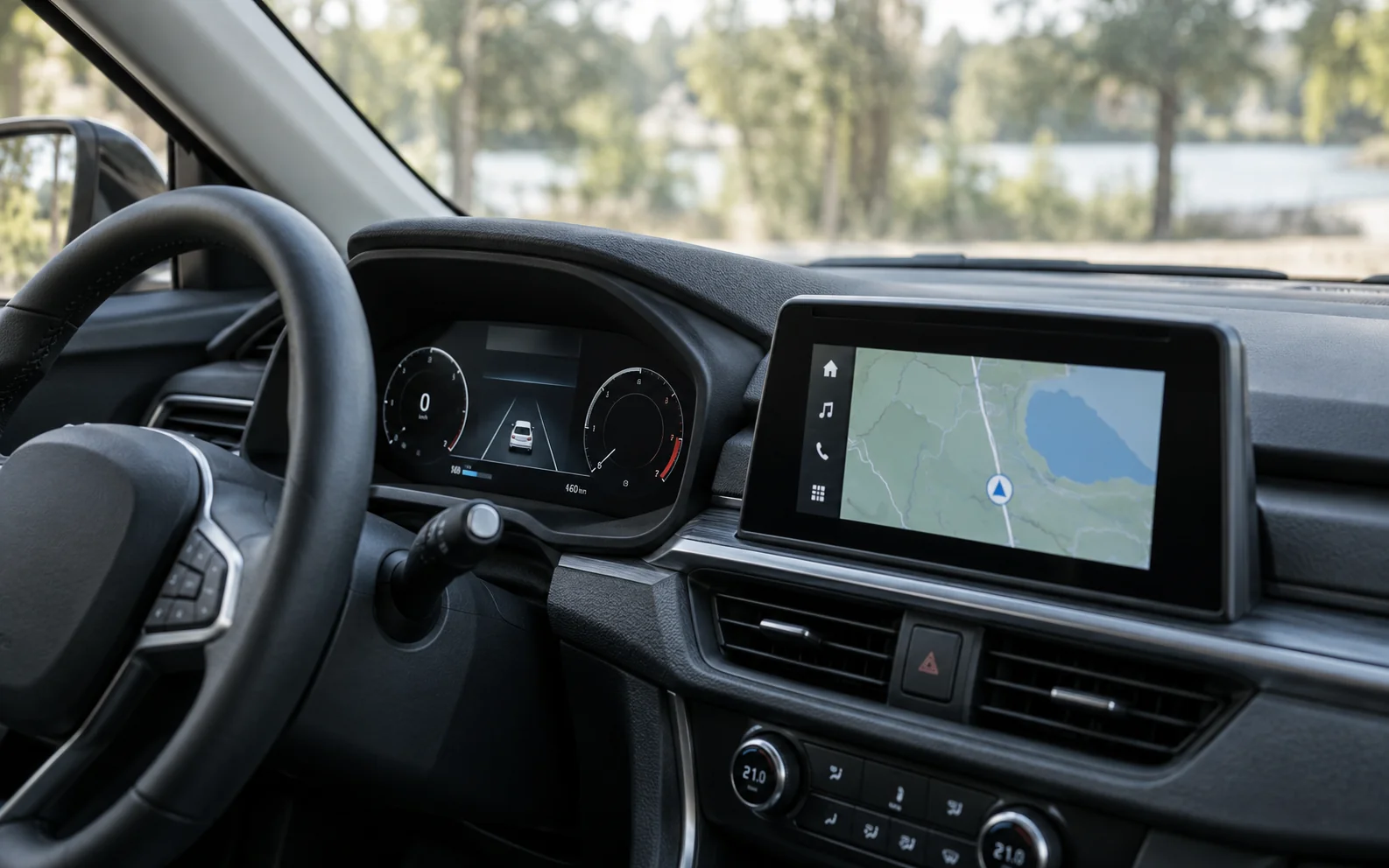 LCD instrument cluster and navigation display in a naturally lit vehicle cockpit