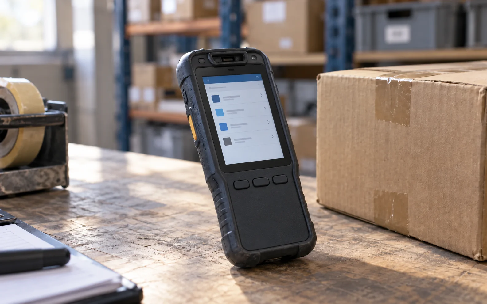 Rugged handheld terminal with an LCD and physical function buttons on a shipping workbench