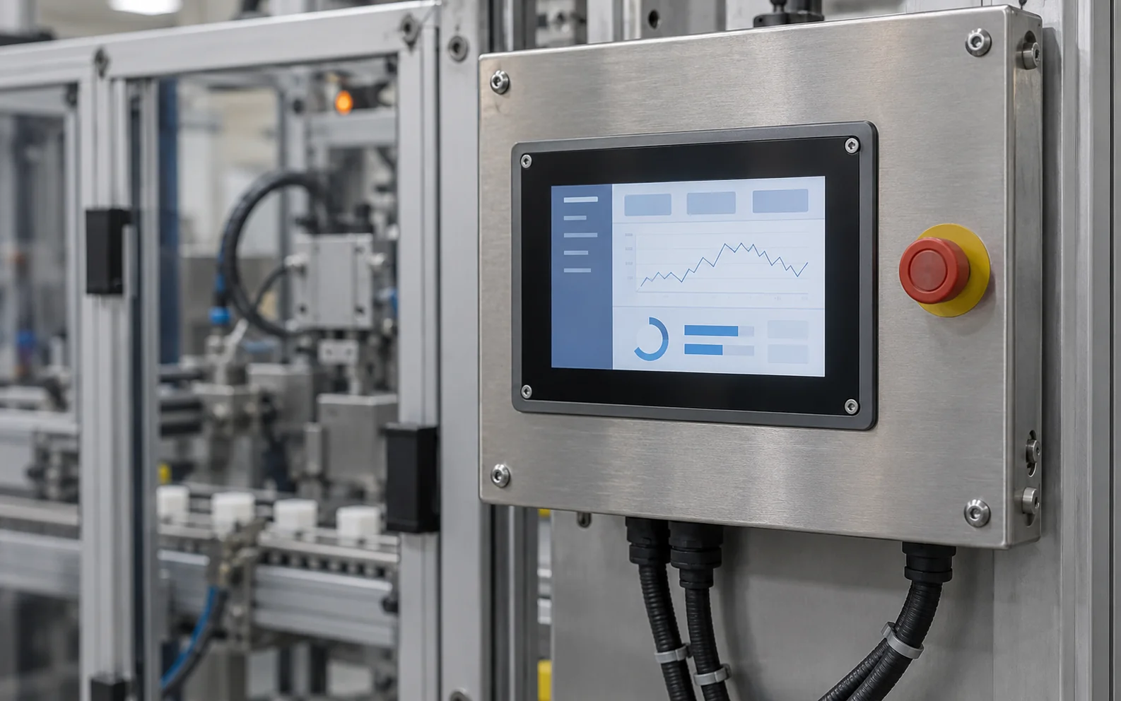 Machine-mounted LCD touchscreen control panel beside an emergency stop button