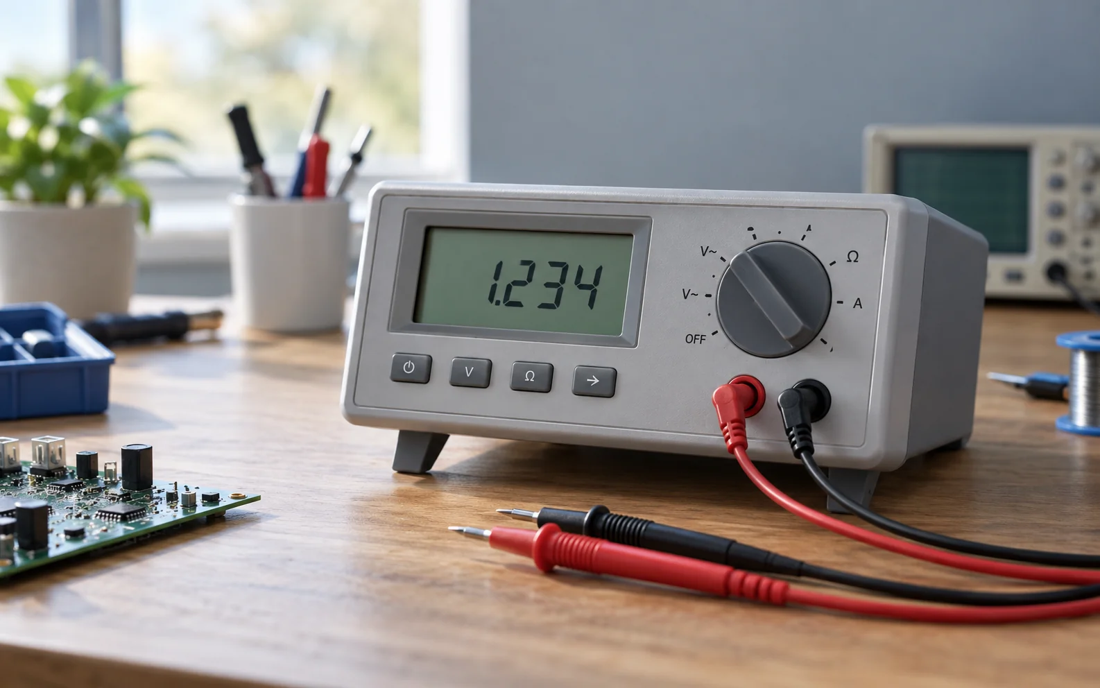 Benchtop digital meter with a monochrome LCD and red and black test leads