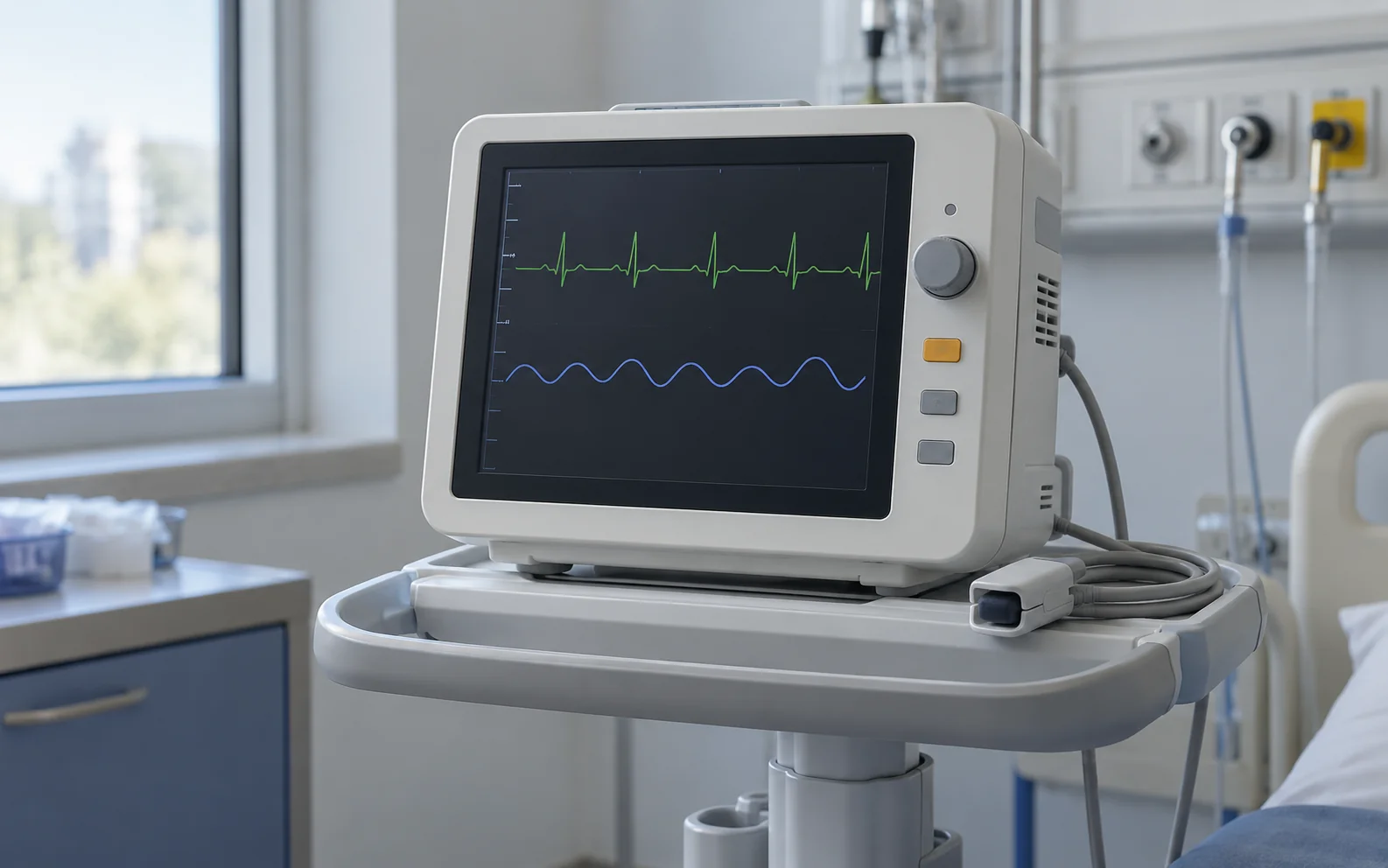 Compact bedside LCD monitoring device on a cart in an unoccupied clinical room