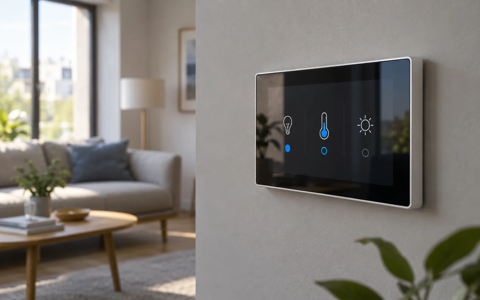 Wall-mounted LCD home control panel beside a softly focused living room