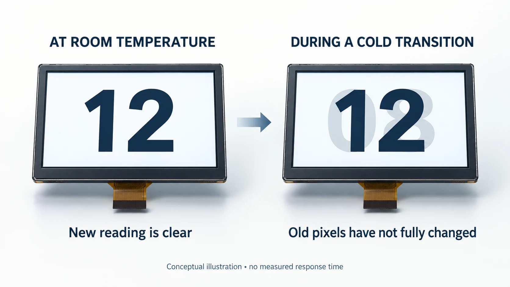LCD Smearing in the Cold: What a −20°C Rating Leaves Out Conceptual comparison of a clear LCD reading and old digits remaining during a cold pixel transition.
