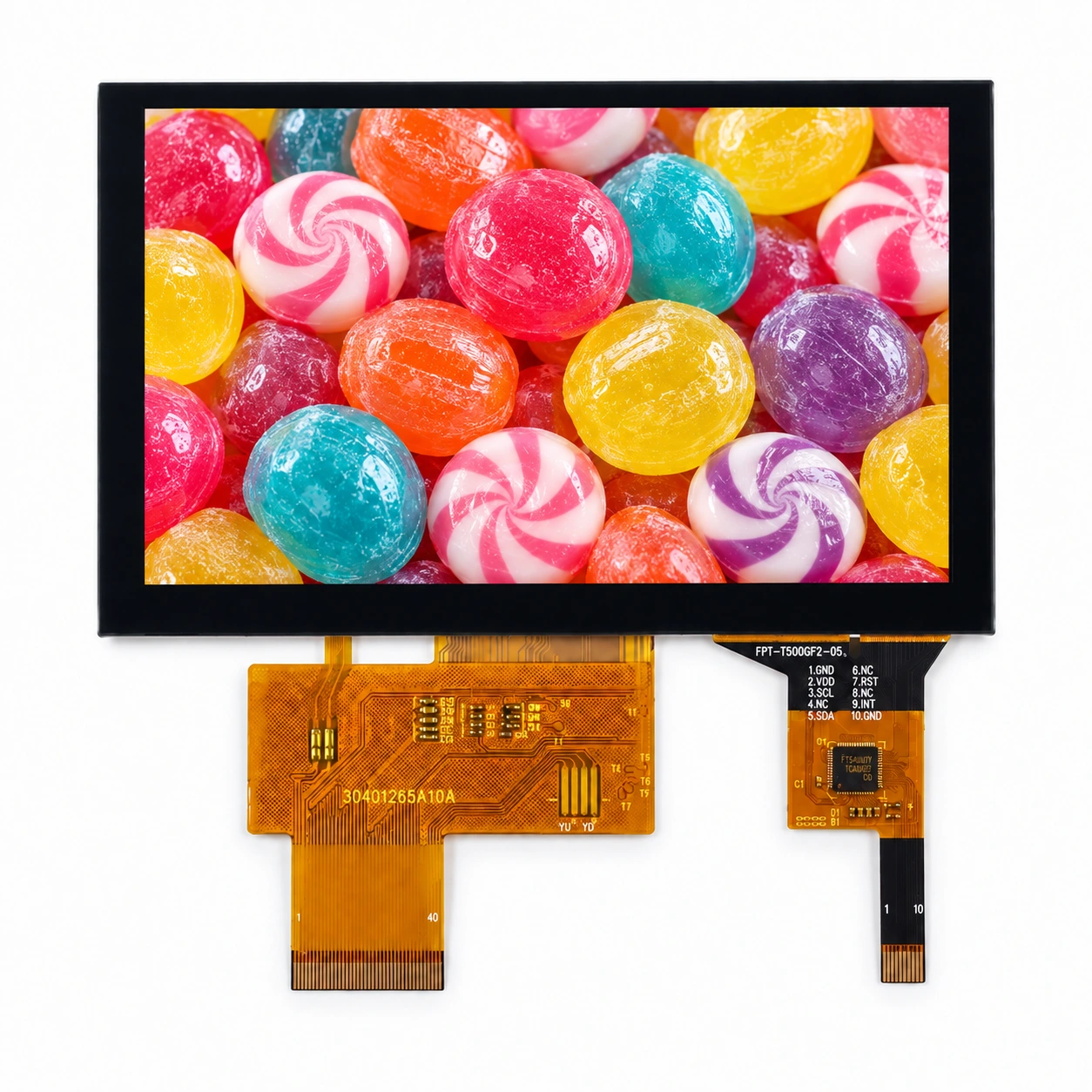 Retouched photograph of an LCD module with colorful candy screen artwork and two flexible circuit tails on white.