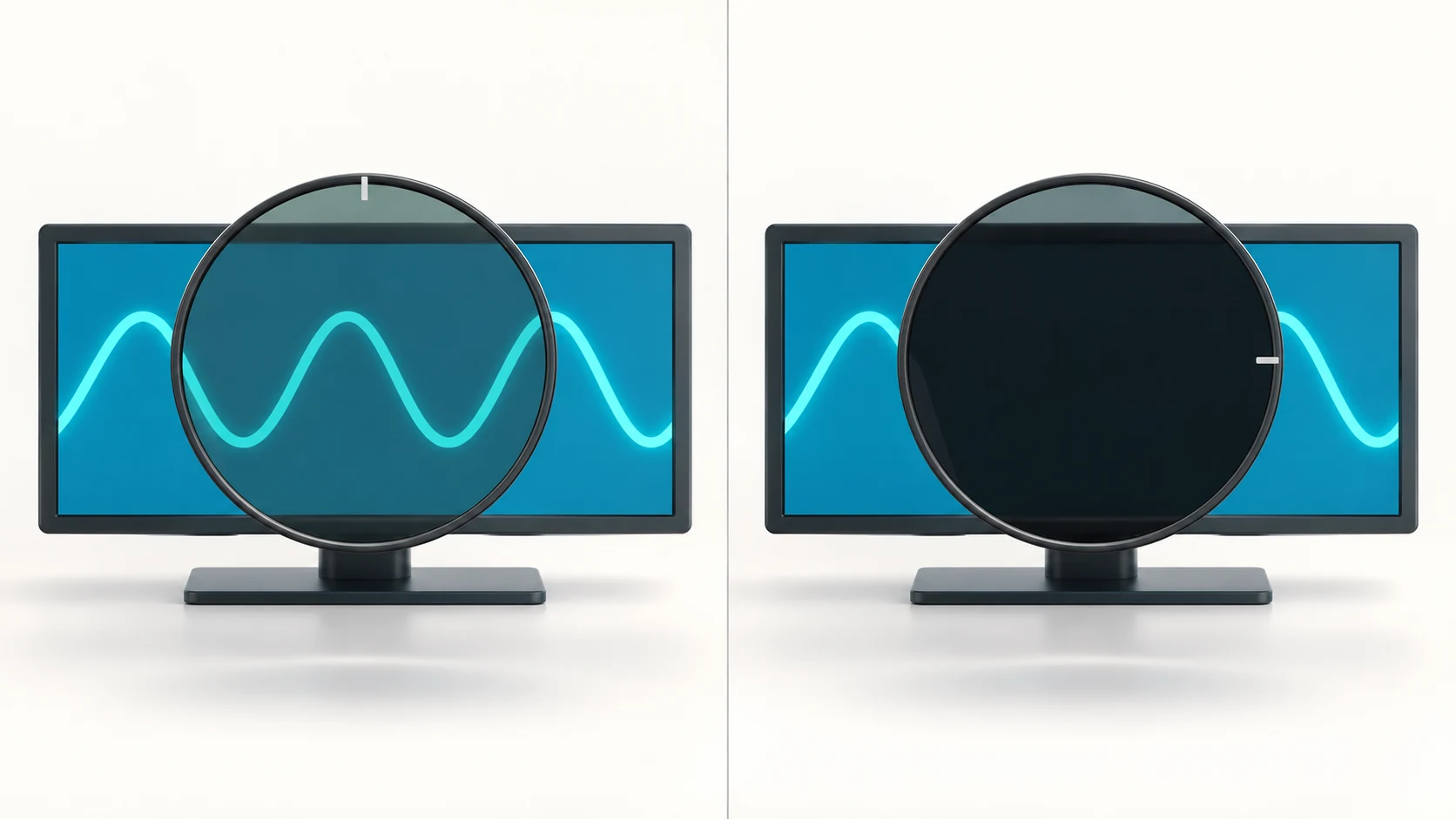 Perché un LCD appare scuro attraverso gli occhiali da sole polarizzati Confronto concettuale: lo stesso LCD appare luminoso con un orientamento della lente e scuro quando gli assi sono incrociati.