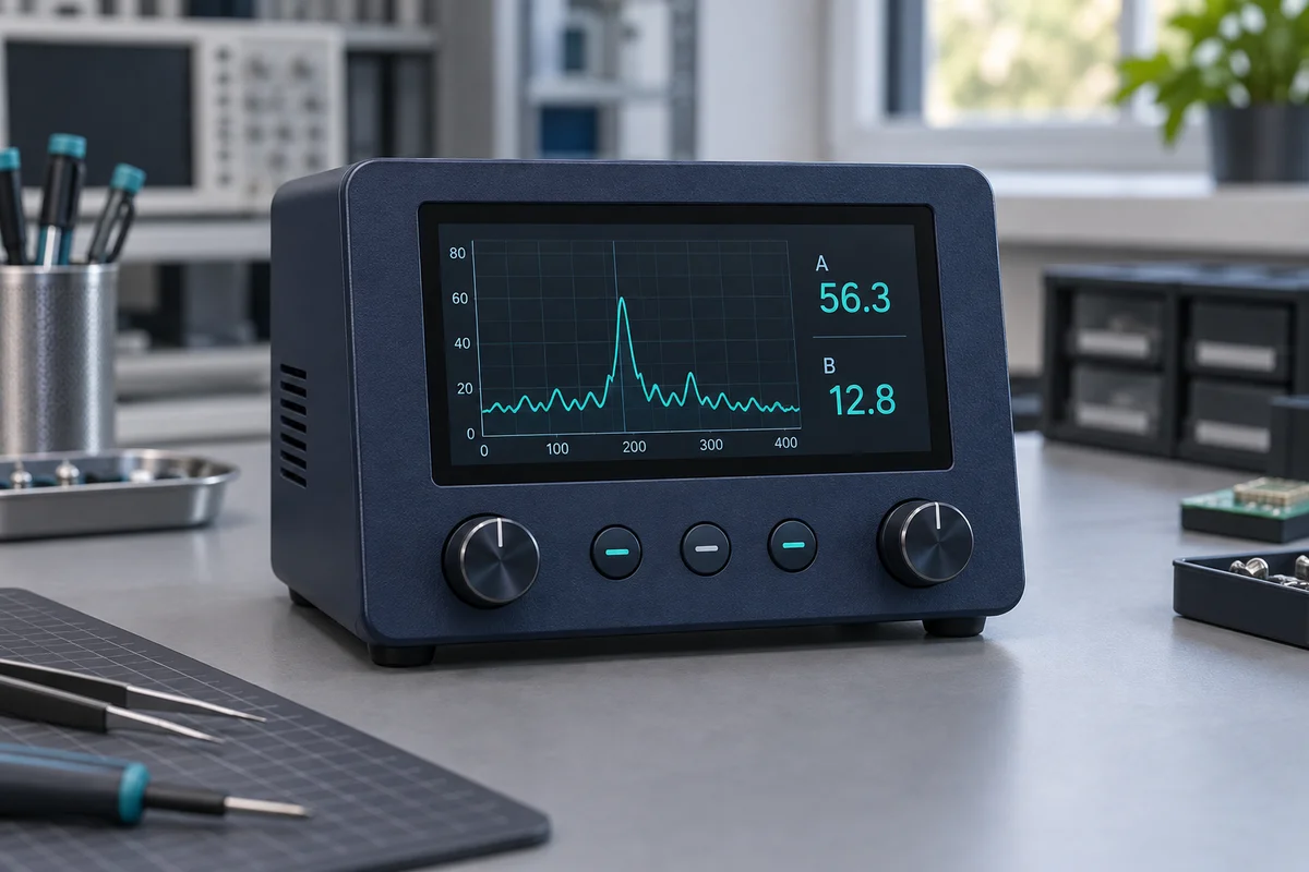 Concept illustration of a compact measurement instrument with a color display and physical controls, for suggested S-T430MBWS-01-W application planning.