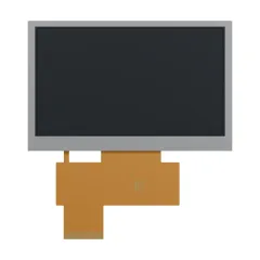 Front-on product rendering of S-T430MBWS-01-W LCD with an unlit screen and flexible cable.