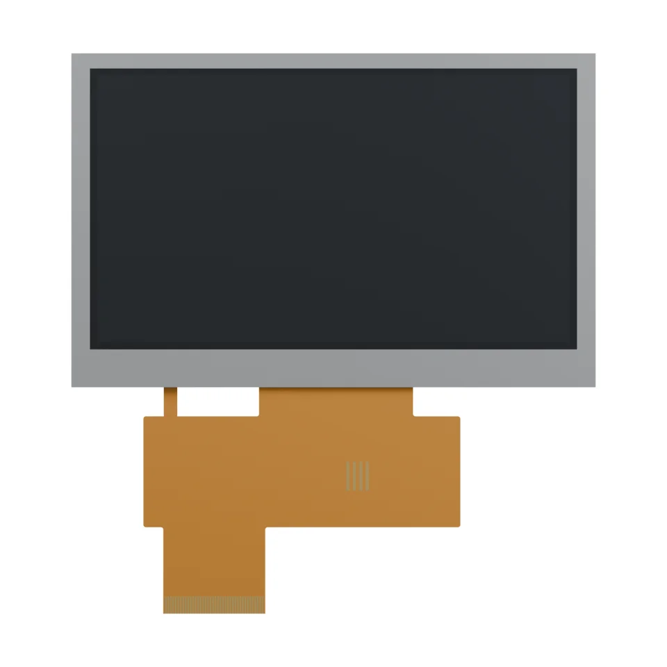 Front-on product rendering of S-T430MBWS-01-W LCD with an unlit screen and flexible cable.