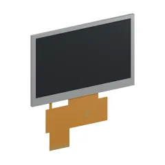 Front-left product rendering of S-T430MBWS-01-W LCD showing the metal frame and flexible cable.
