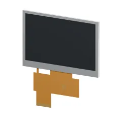 Front-right product rendering of S-T430MBWS-01-W LCD showing its unlit display and cable outline.