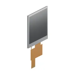 Steep left-angle product rendering of S-T430MBWS-01-W LCD showing its thickness and flexible cable.
