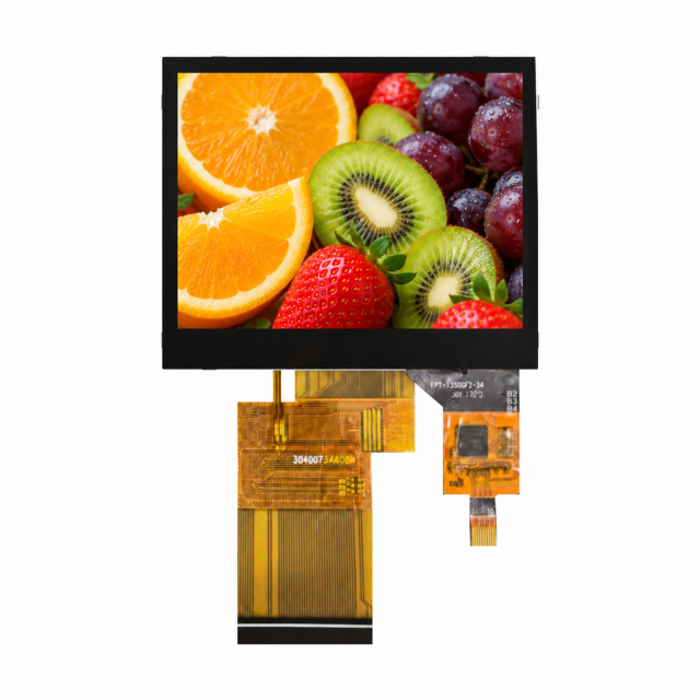 S35001D front product rendering with colorful fruit artwork on the screen and two FPC tails